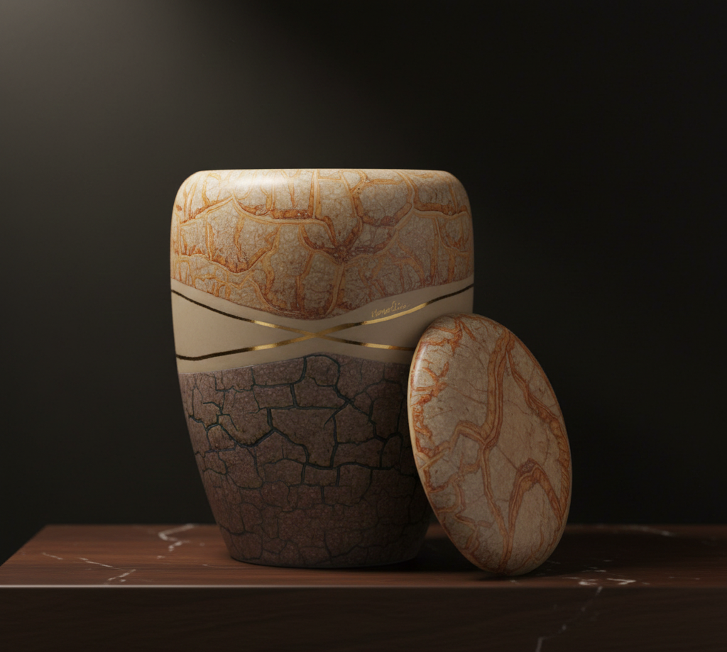 Urna in pietra con coperchio su una superficie di legno, su uno sfondo scuro.