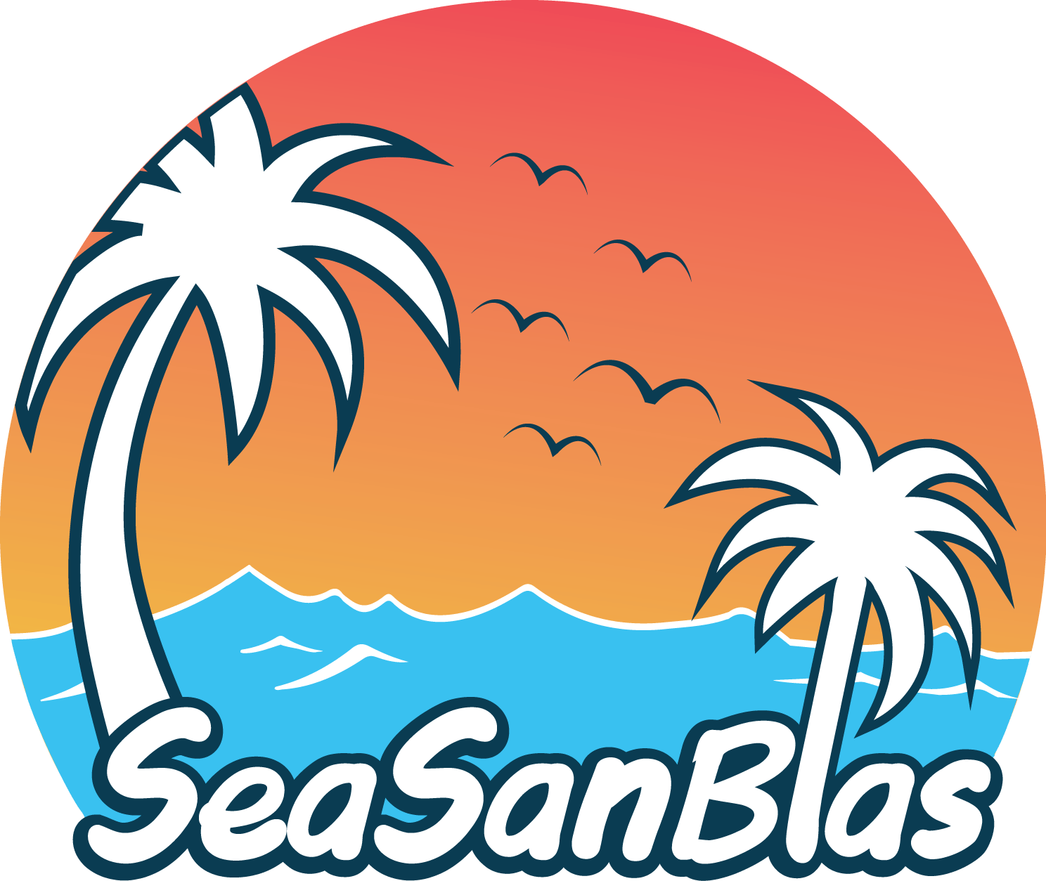 a logo for sea san blas with palm trees and birds