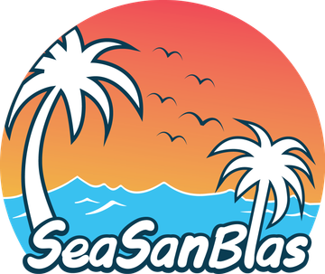 a logo for sea san blas with palm trees and birds