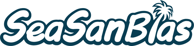 a logo for a company called Sea San Blas with a palm tree on it .
