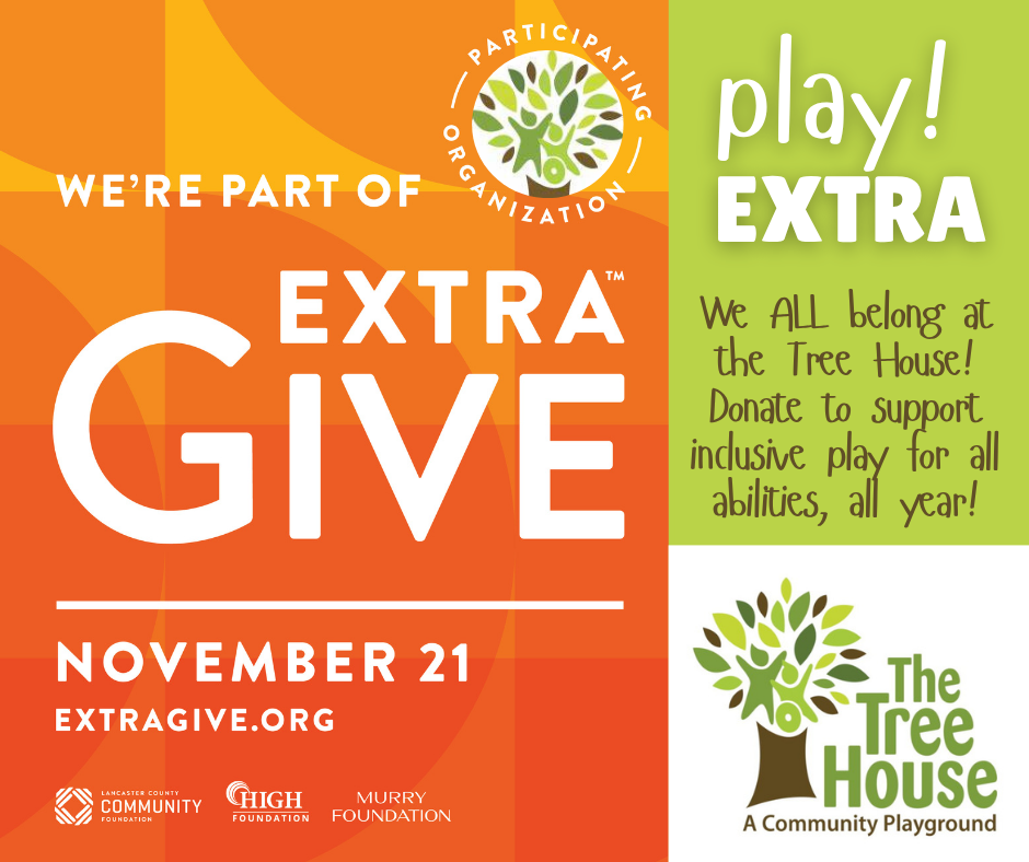 Extra Give event poster for The Tree House playground. Orange and green with text: 