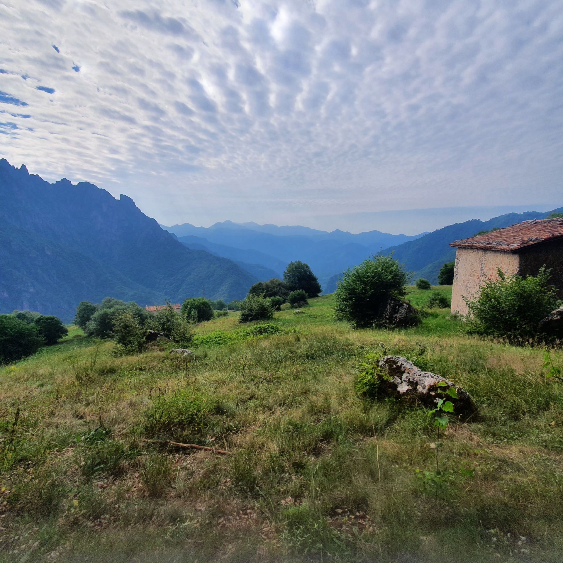 Una casa in mezzo a un campo con le montagne sullo sfondo