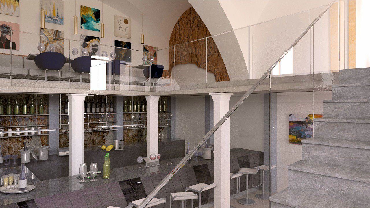 Una scala in una stanza con una ringhiera in vetro