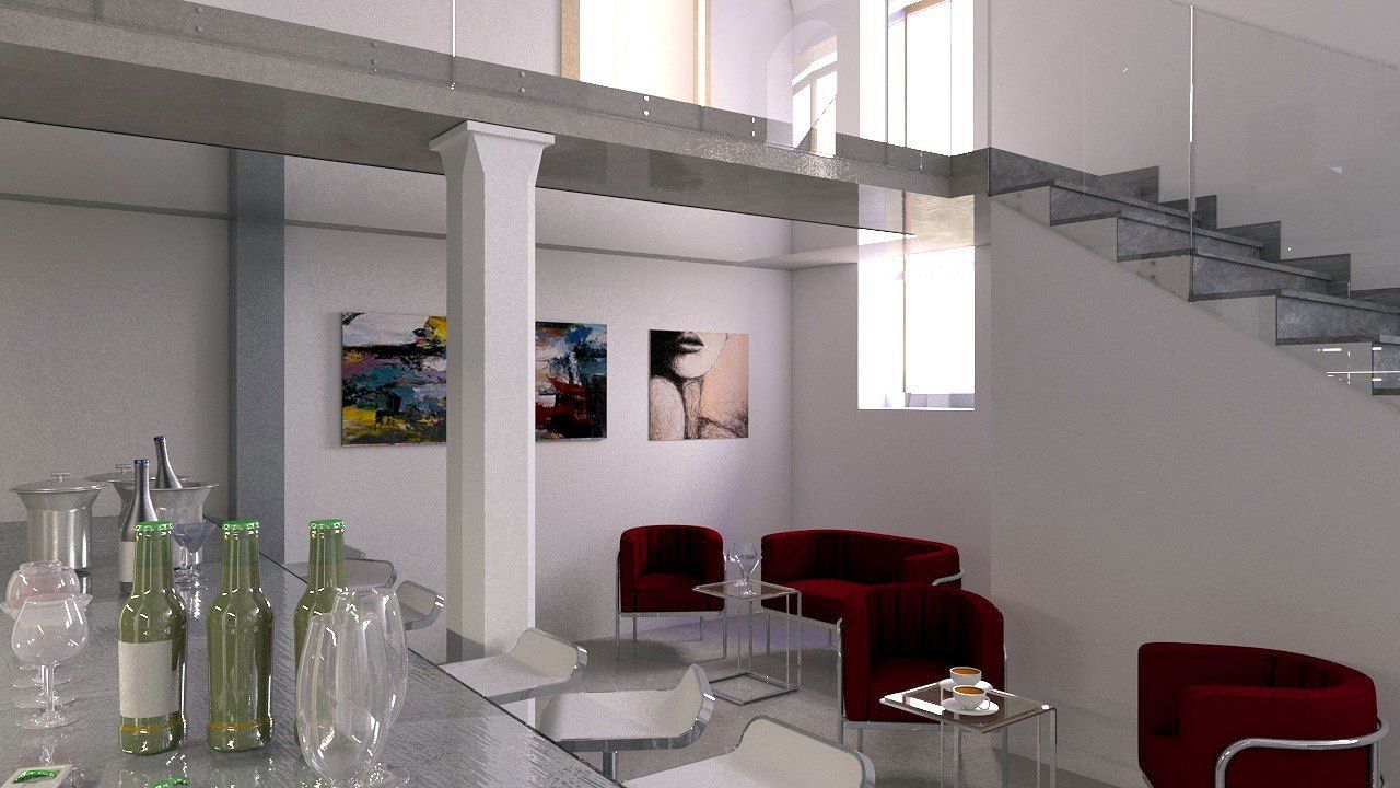 Un soggiorno con una scala che porta al secondo piano