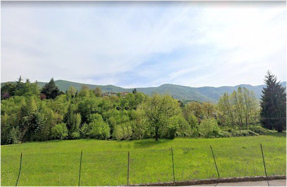 Un campo recintato con alberi e montagne sullo sfondo.