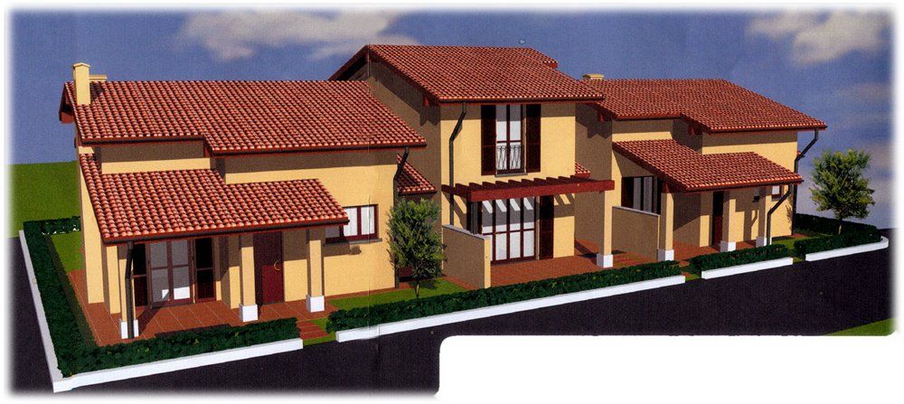 Rappresentazione artistica di una casa con tetto in tegole rosse