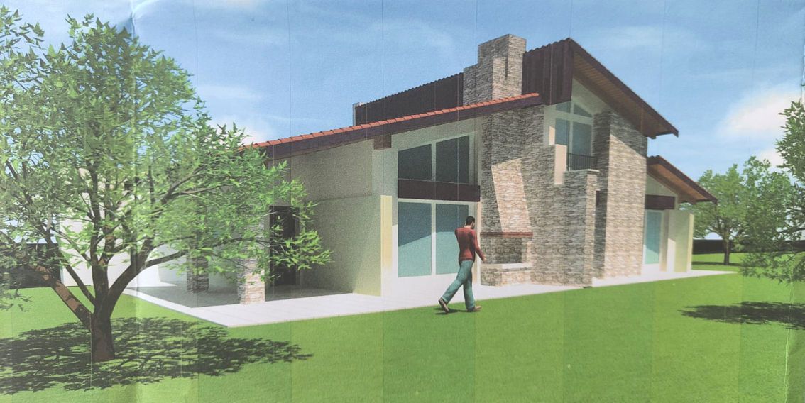 Rappresentazione artistica di una casa con un uomo che cammina davanti ad essa.