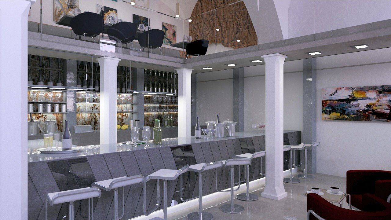 Un bar con sgabelli e un quadro sul muro