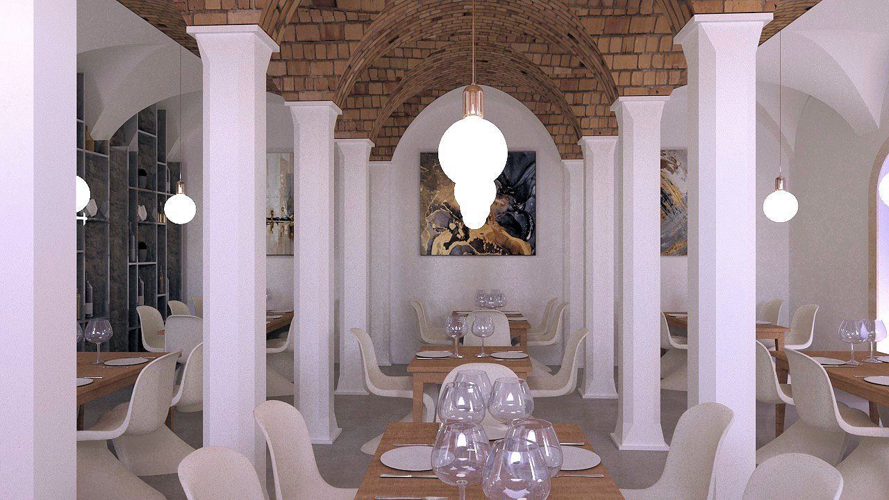 Una sala da pranzo con tavoli e sedie e un quadro sul muro.