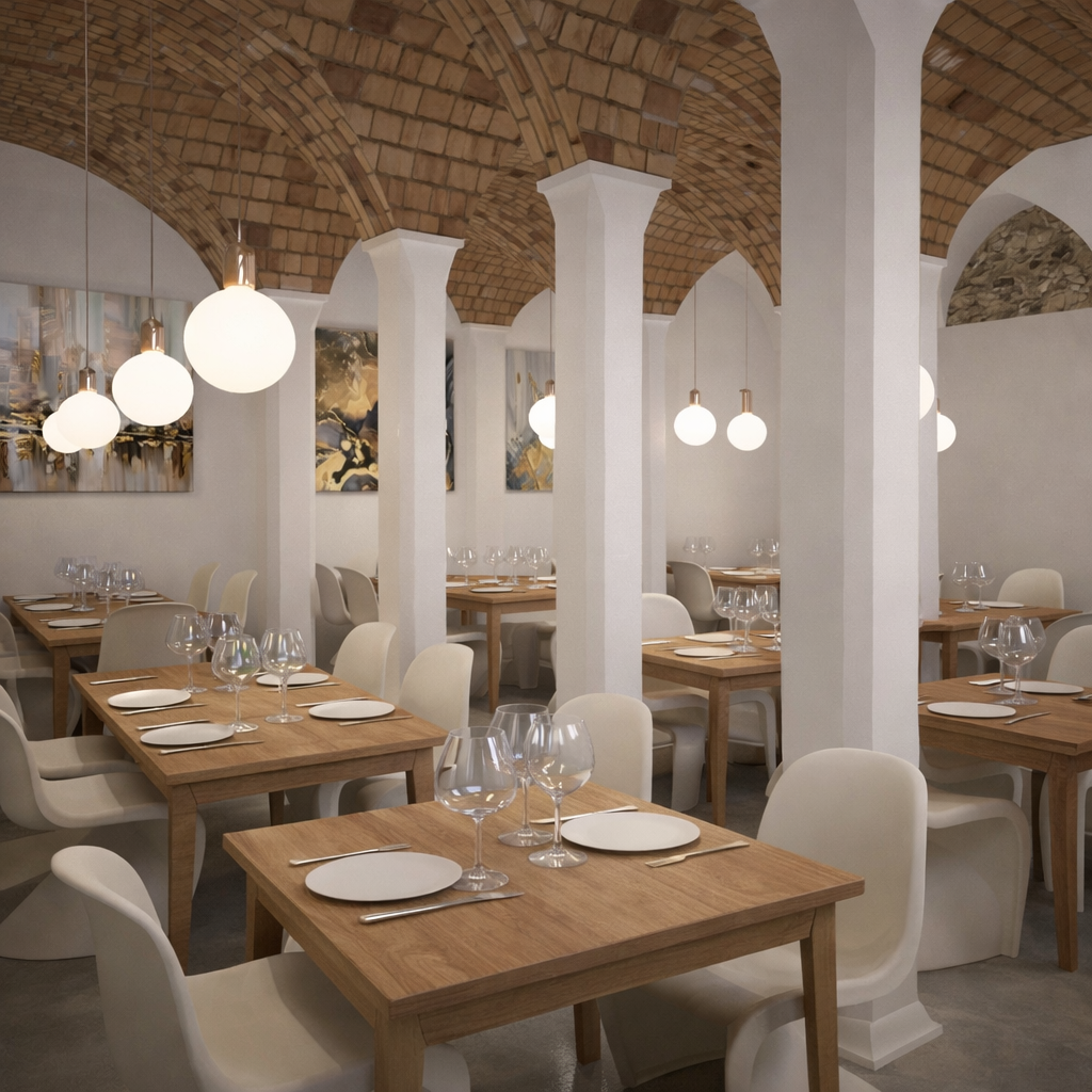 Un ristorante con tavoli e sedie e un soffitto in mattoni