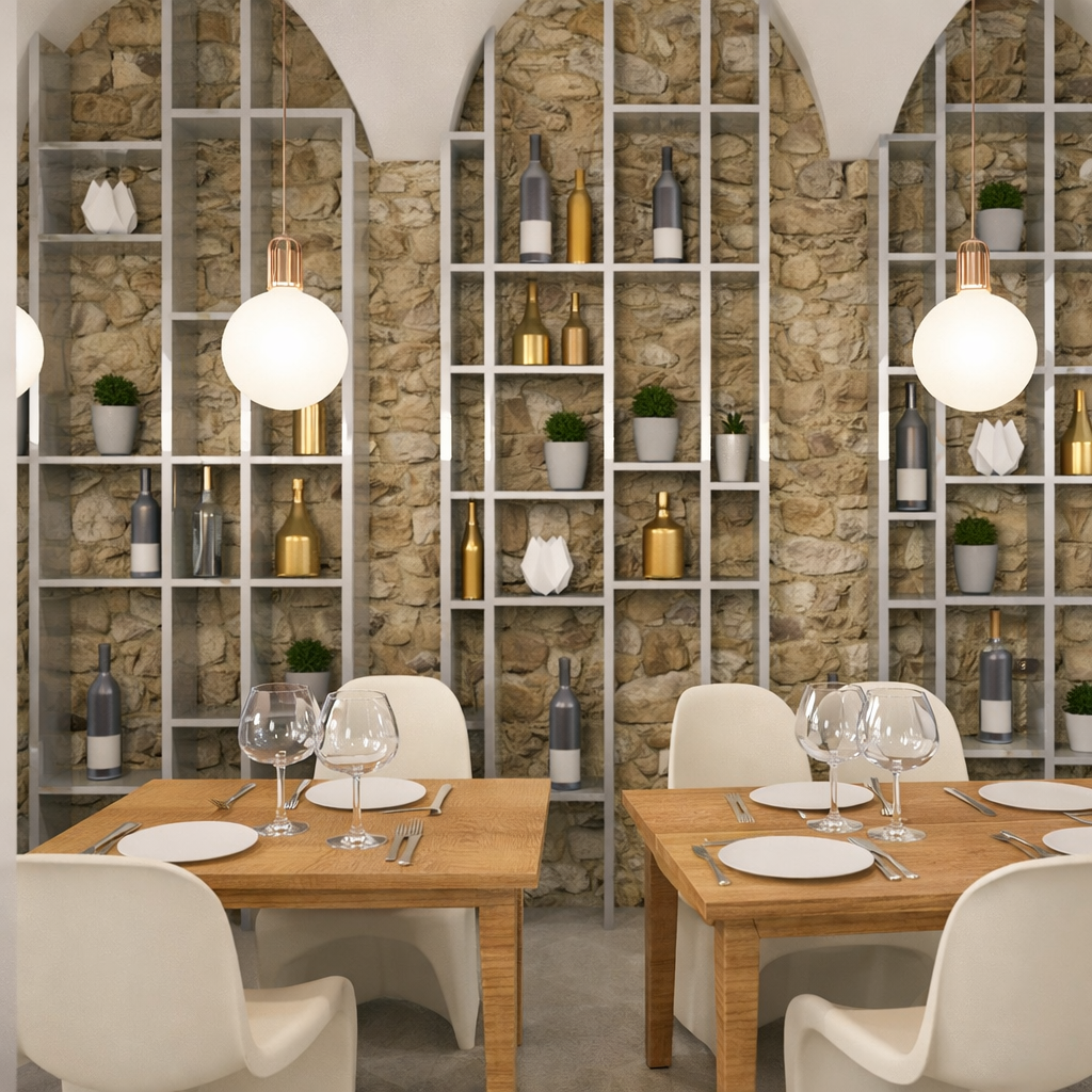 Una fila di colonne in una stanza con un soffitto in mattoni