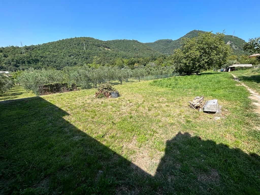 Un grande campo erboso con le montagne sullo sfondo.