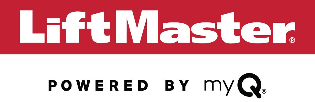A red and white logo for liftmaster powered by my q