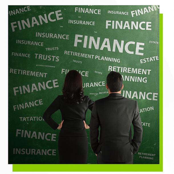 A woman is standing in front of a blackboard covered in taxes.