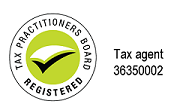 Tax Practitioners Board registered tax agent seal with agent number 36350002. A checkmark sits in a light green circle within a larger circular seal.