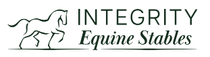 Logo of a horse and the text "INTEGRITY Equine Stables" in dark green.