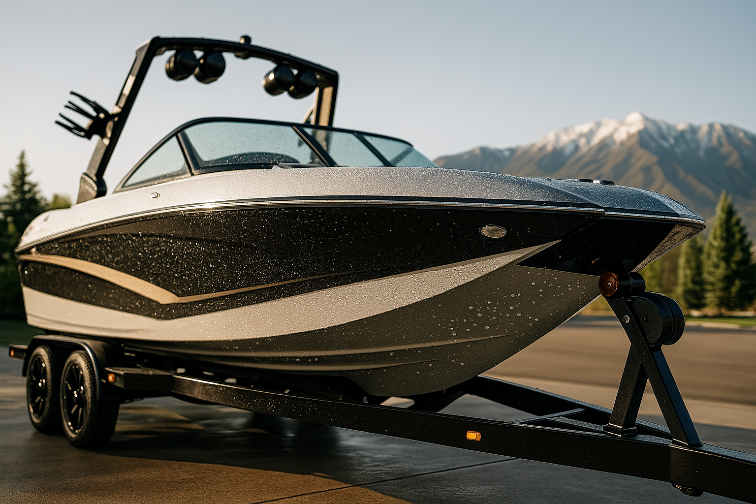 Black and gray motorboat on a trailer with water droplets. Mountains and trees in background.