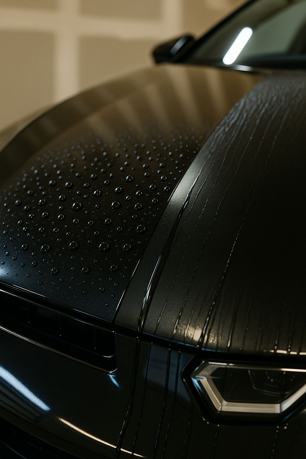Black car hood with water droplets beading, angled view.