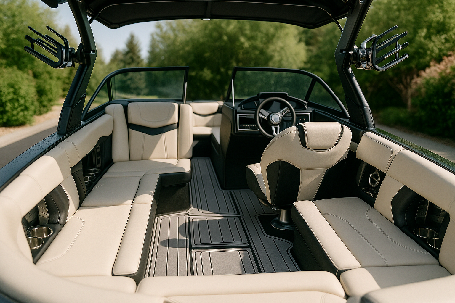Interior of a black and white wakeboard boat with cream-colored seats and a gray floor, outdoors.