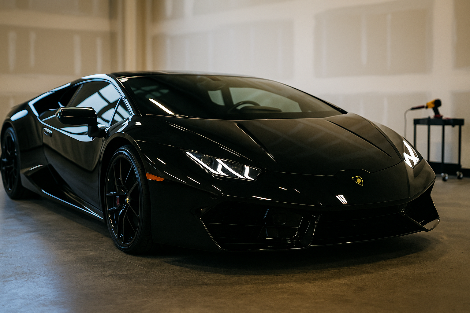 Black Lamborghini sports car in a garage, headlights on.