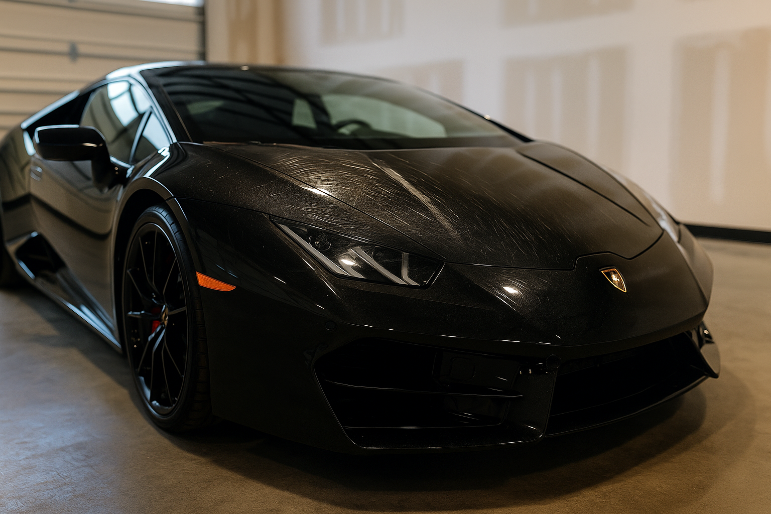 Black Lamborghini Huracan sports car parked in a garage, wet from rain.