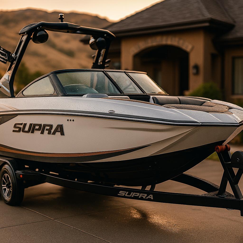 A Supra wake boat on a trailer in front of a house. Silver, black, and orange accents.
