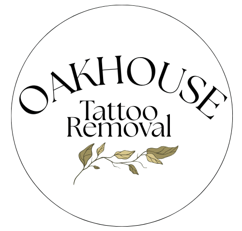 Logo for Oakhouse Tattoo Removal with text and botanical illustration in a white circle.