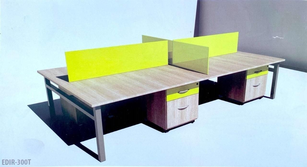 Una imagen generada por computadora de un cubículo de oficina con divisores amarillos