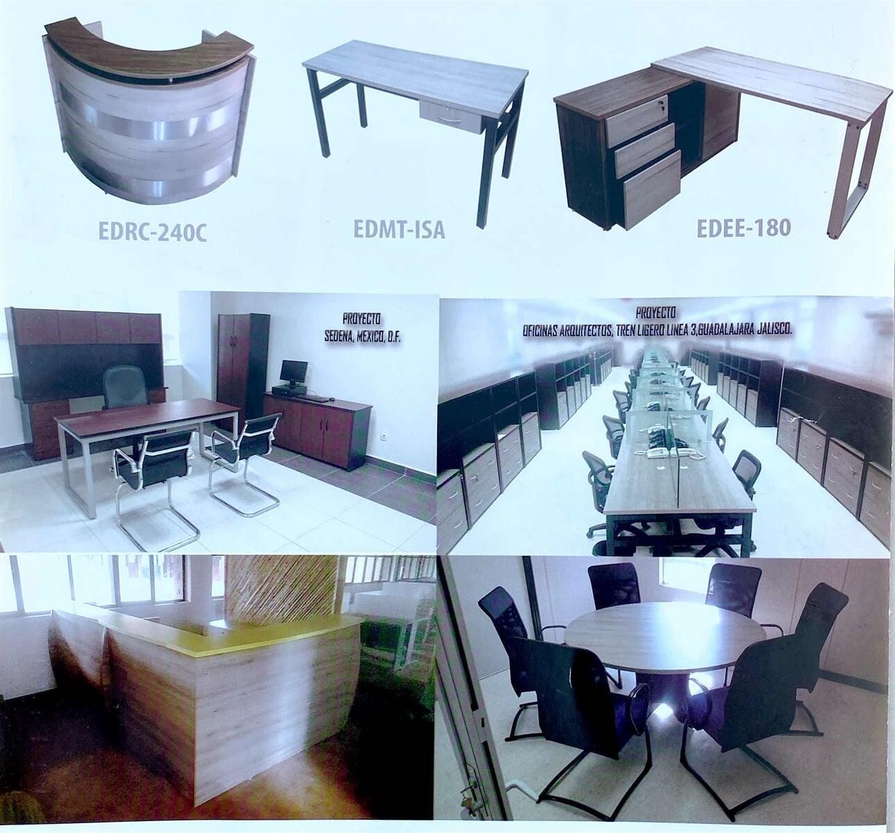 Un collage de fotografías de muebles de oficina, incluida una mesa larga