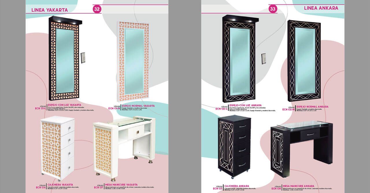 Un folleto con la imagen de un espejo y una cómoda.