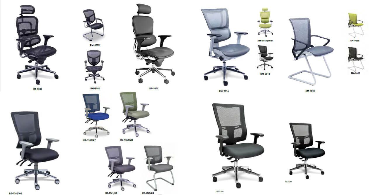 Un montón de diferentes tipos de sillas de oficina sobre un fondo blanco.