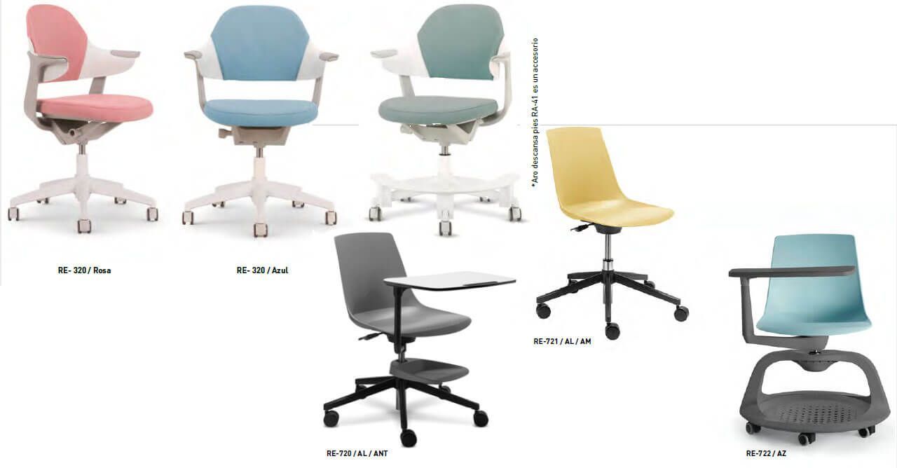 Un montón de sillas de oficina de diferentes colores sobre un fondo blanco.