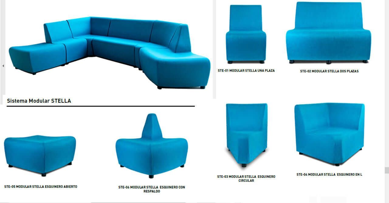 Una imagen de un sofá seccional azul y sillas