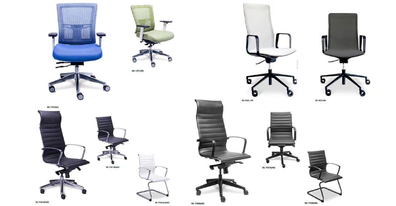 Un collage de diferentes tipos de sillas de oficina sobre un fondo blanco.