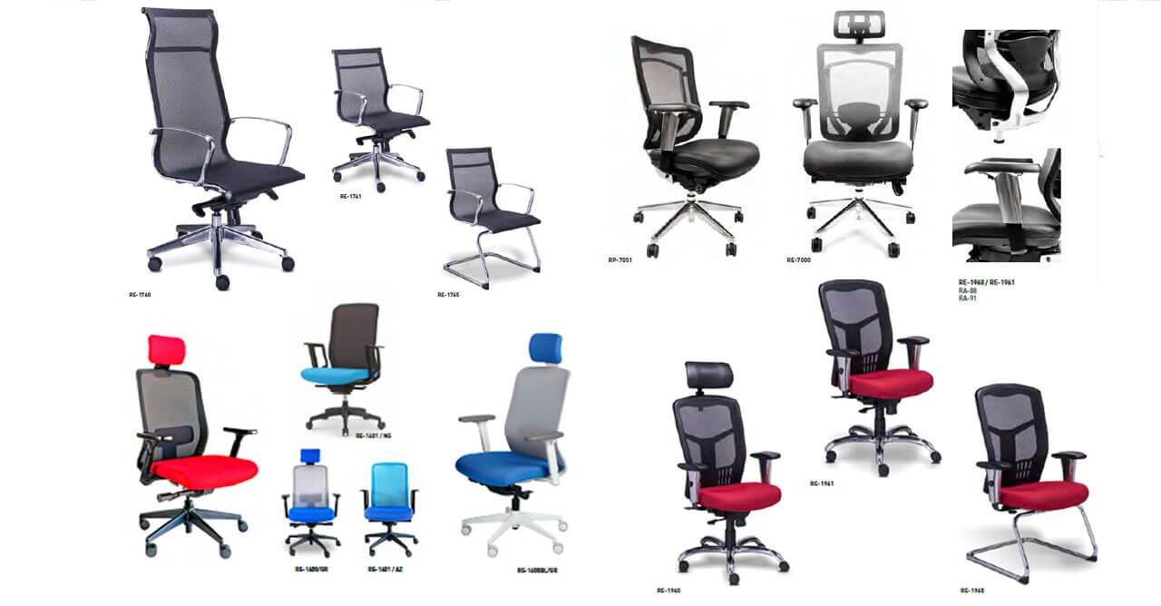 Un collage de diferentes tipos de sillas de oficina sobre un fondo blanco.