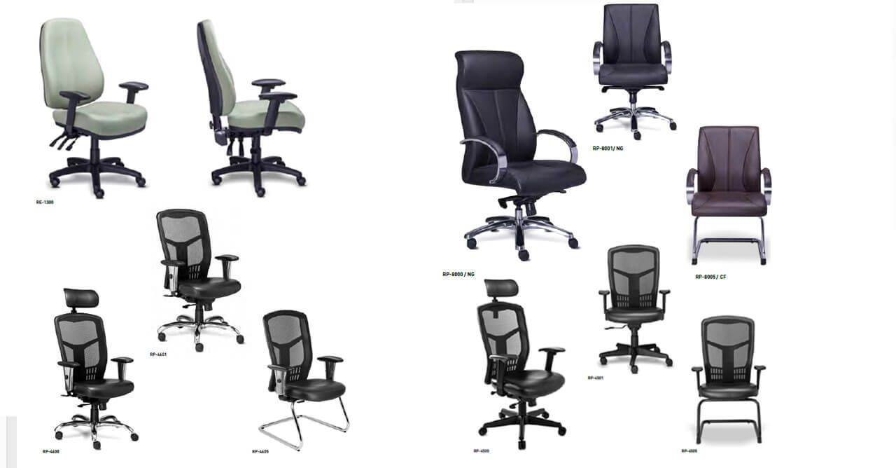 Se muestra una variedad de sillas de oficina sobre un fondo blanco.