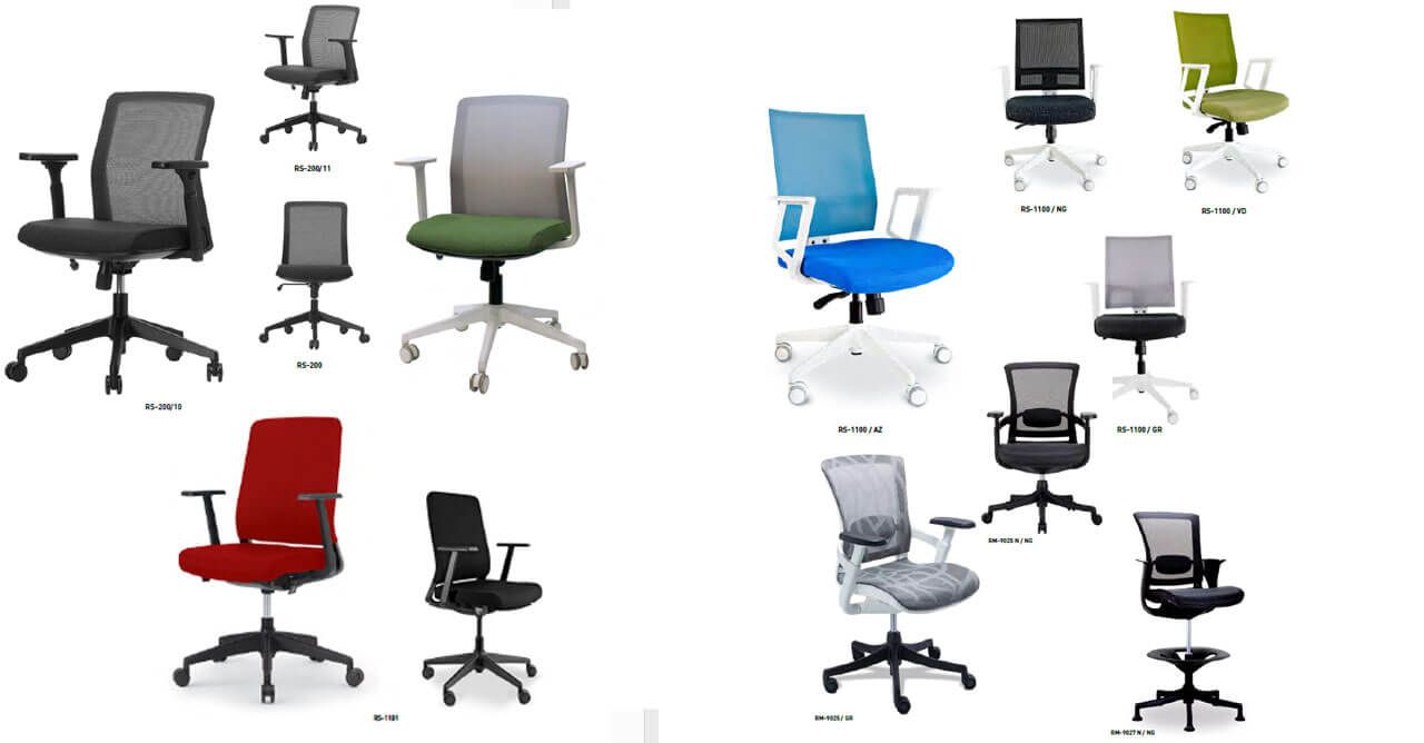 Un montón de sillas de oficina de diferentes colores sobre un fondo blanco.