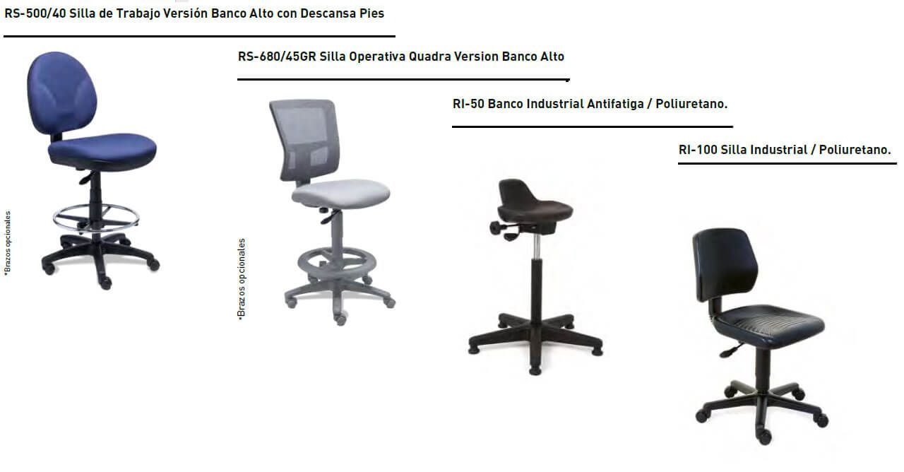 Tres tipos diferentes de sillas de oficina se muestran sobre un fondo blanco.