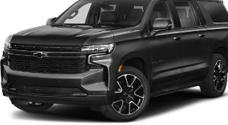 Black Chevrolet Tahoe SUV. Front view, black grille, sporty wheels.