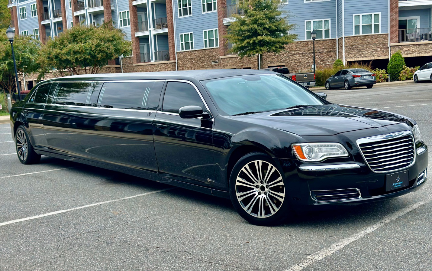 A chauffeur in a black suit opening the door of a black car with tan interior.