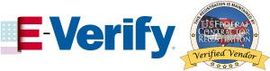 E-Verify logo with US Federal Contractor Registration seal.