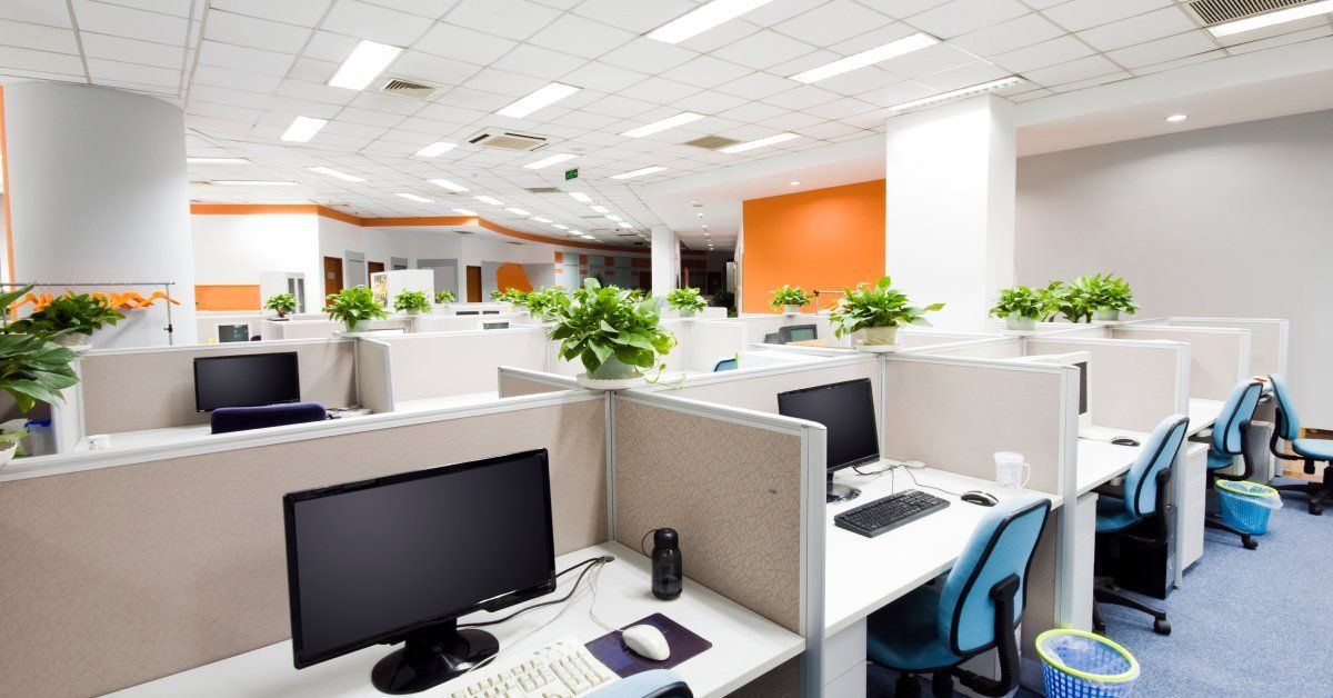 A large, open office space full of several partitioned work desks.