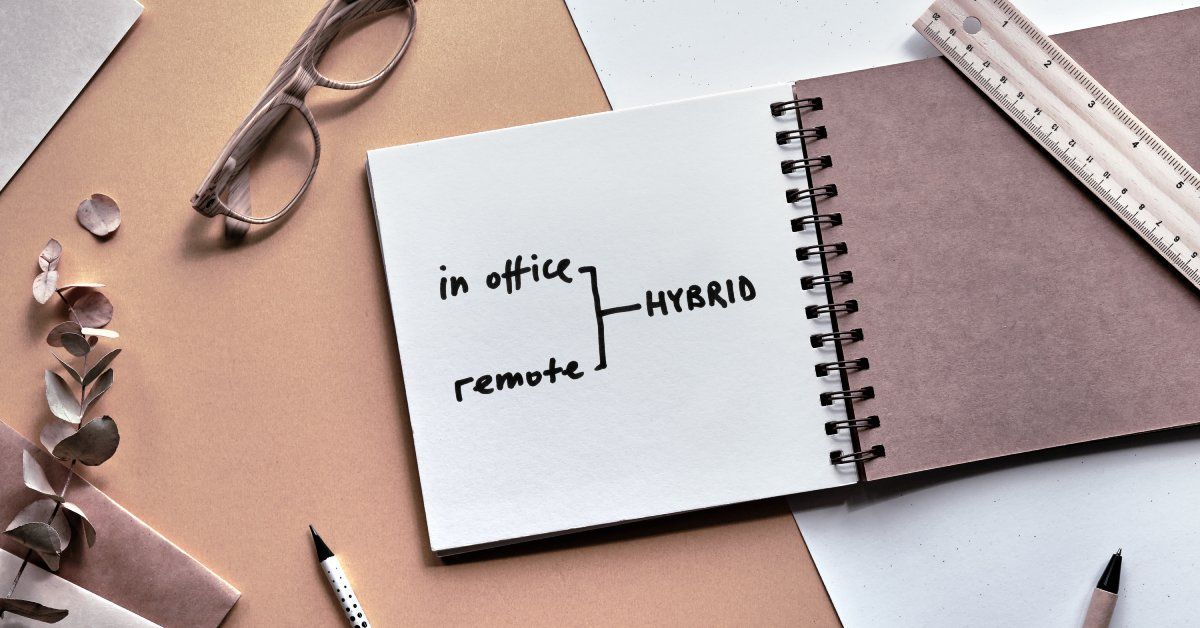 An open notebook with a written diagram of a hybrid work model sits on a desk next to various office supplies.