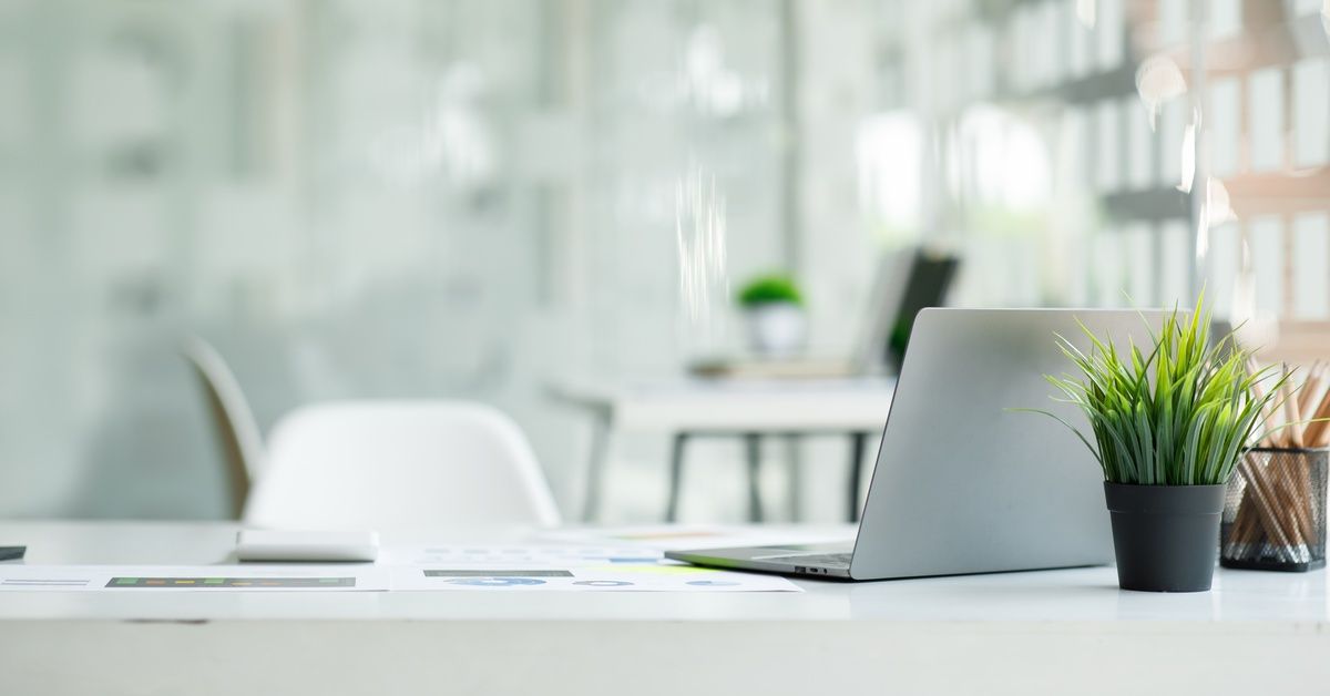A desk covered in papers, a fake plant, a cup of pencils, and a laptop with a gray swivel chair behi