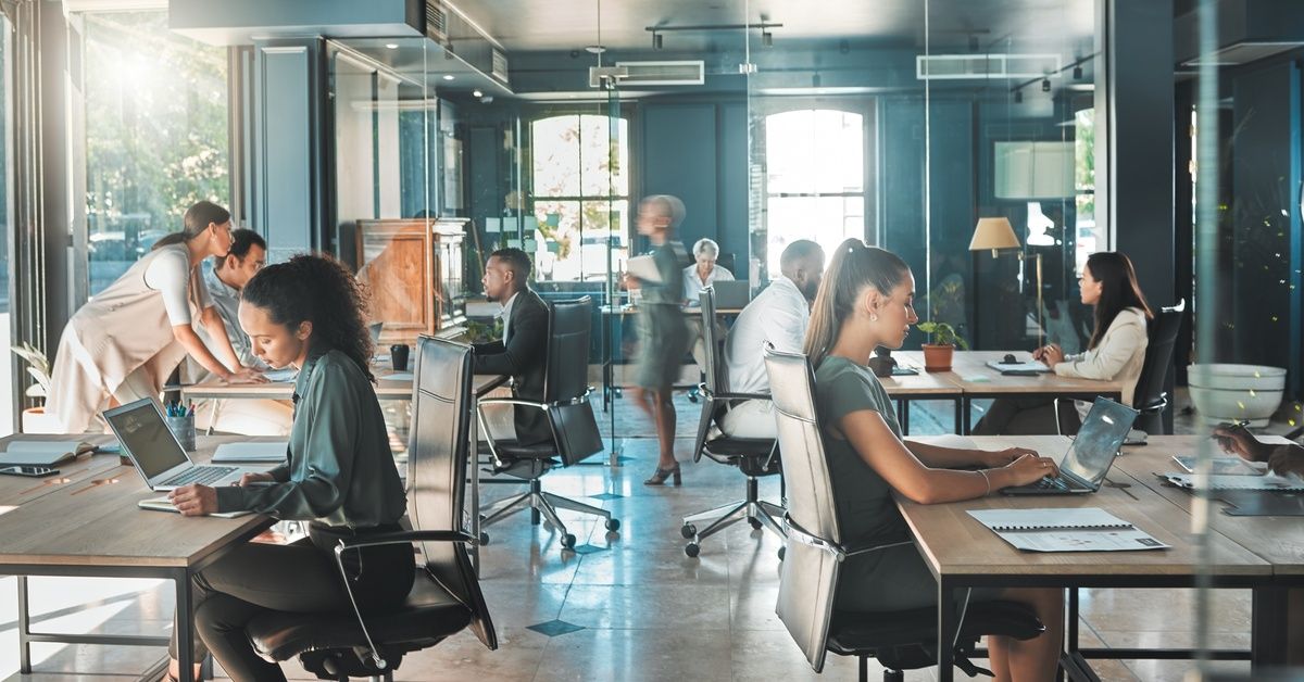 An office with numerous desks and a glass wall with many people working on various projects using laptops.