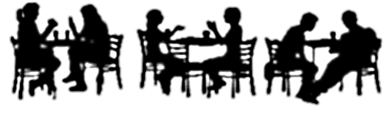 Silhouettes of people sitting at tables. They appear to be in a restaurant or cafe.