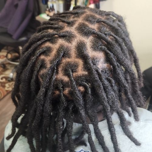 The back of a person 's head with dreadlocks