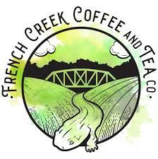 Logo for French Creek Coffee and Tea Co. featuring a green and white salamander, bridge, and watercolor background.