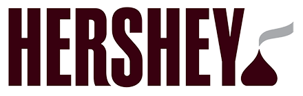 Hershey logo with maroon text and a drop-shaped Hershey's Kiss with gray 