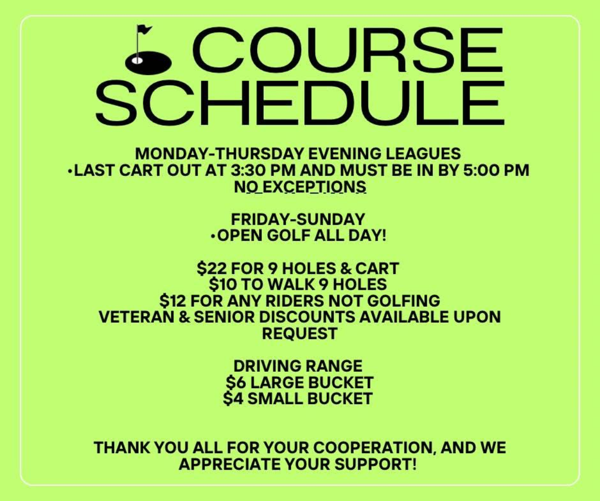 Course schedule with hours, pricing for golf, cart rentals, and driving range buckets on a light green background.